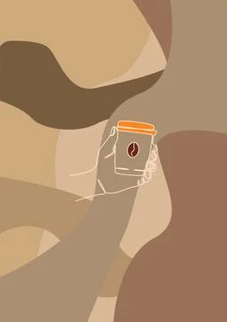 Coffee background. Hand hold takeaway paper cup with hot beverage. Espresso o Stock Illustration