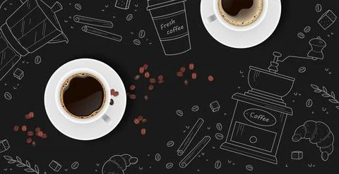 Coffee background with realistic cup of coffee - Vector Stock Illustration