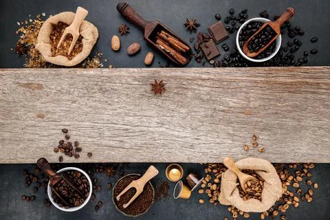 Coffee background with various of roasted coffee beans and flavourful ingredi 스톡 사진