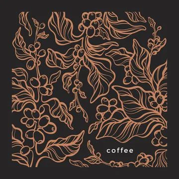 Coffee background. Vector graphic pattern. Nature tree, art line branch, leav Stock Illustration