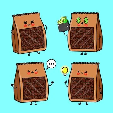 Coffee bag characters expressing different emotions with ideas and money Ilustración de archivo