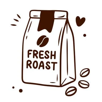 A coffee bag with fresh roast text and scattered beans on white. A brown ha.. Stock Illustration