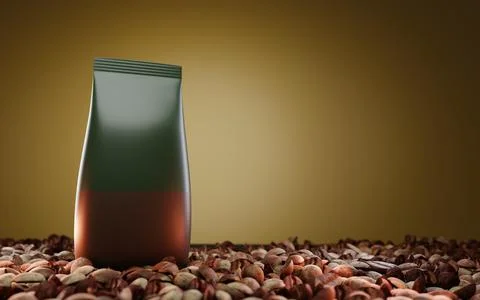 Coffee bag with scattered surface coffee beans. Paper or foil pouch, doypack Illustrazione stock