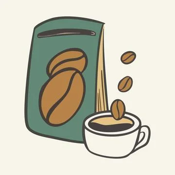 Coffee Bag, white Mug image with falling roasted Beans. Beverage in porcelain Stock Illustration