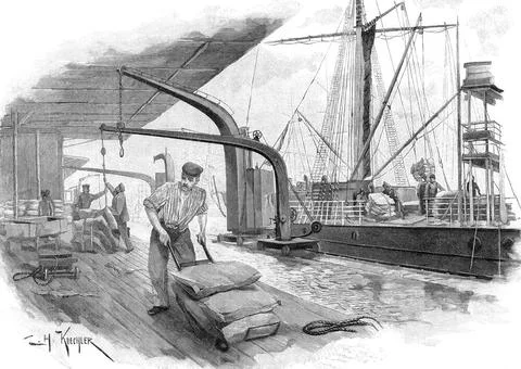 Coffee bags unloaded A ship with coffee bags is being unloaded, ca. 1895, ... Stock Photos