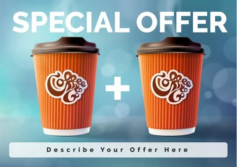 Coffee Banner 1 plus 1 Concept Blue Background. Vector EPS10 Stock Illustration