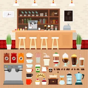 Coffee bar with beverages on the table Stock Illustration