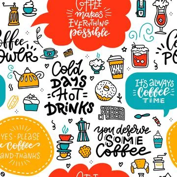 Coffee bbright doodle seamless pattern. Hand drawn tea and coffee pots, desserts Stock Illustration