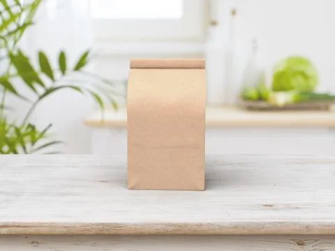 Coffee beam bag packaging mock-up design and wooden table in kichen Stock Illustration