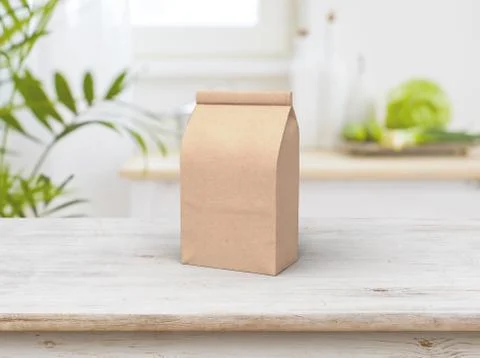Coffee beam bag packaging mock-up design and wooden table in kichen Stock Illustration