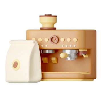 Coffee bean and coffee machine Cartoon Style Isolated on a White Background. 3d Stock Illustration
