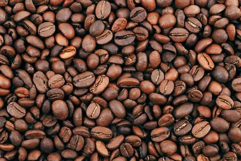 Coffee bean background. Dark, brown roasted coffee beans. Scattered coffee be Stock Photos