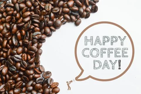 Coffee bean brown roasted with text HAPPY COFFEE DAY! Stock Photos
