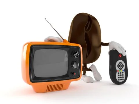 Coffee bean character with tv set and remote Stock Illustration