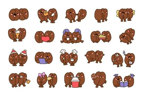 Coffee bean couple characters set with cute kawaii Ilustração Stock