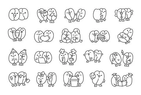 Coffee bean couple characters set with cute kawaii Ilustração Stock