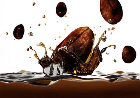 Coffee bean falling into a dark liquid, forming a crown splash, with a few ot Stock Illustration