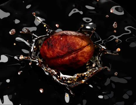 Coffee bean falling into a dark liquid, forming a crown splash, viewed from a Stock Illustration