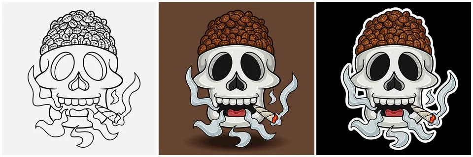 Coffee Bean Inside Skull Head With Smoking Character Cartoon. Black White, .. Stock Illustration