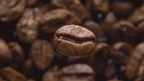 Coffee bean macro rotates, below - the background of roasting coffee beans. Stock Footage 120828999