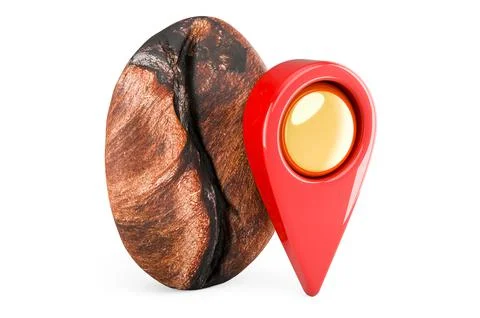 Coffee bean with map pointer, 3D rendering Illustrazione stock