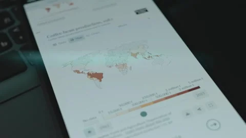 Coffee bean production from 1961 to 2021 world map time-lapse on computer screen Stock Footage 255877138