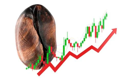 Coffee bean with rising price chart, 3d rendering Illustrazione stock