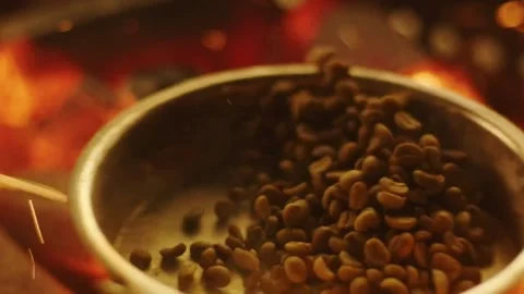 Coffee bean roasting process with small pan fry in roaster factory burning .. Stock Footage 272457770