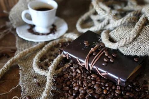 Coffee bean rope book various vintage elements on old worn backgrounds dif... Stock Photos