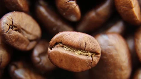 A coffee bean rotates against the background of other coffee beans. Stock Footage 242519965