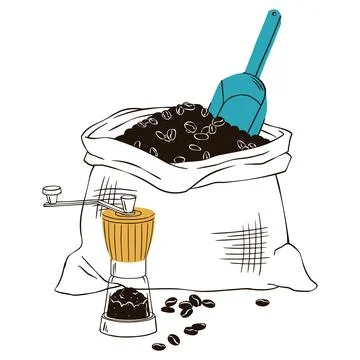 Coffee bean sack doodle vector with teal scoop and manual grinder with ground Illustration