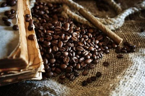 Coffee bean on textile background various vintage elements on old worn bac... Stock-Fotos