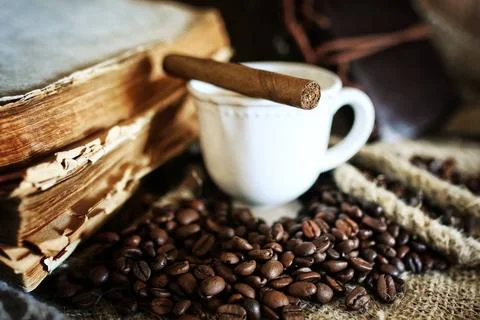 Coffee bean on textile background various vintage elements on old worn bac... Stock-Fotos