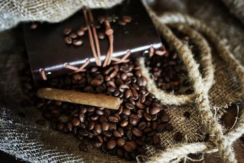 Coffee bean on textile background various vintage elements on old worn bac... Stock-Fotos