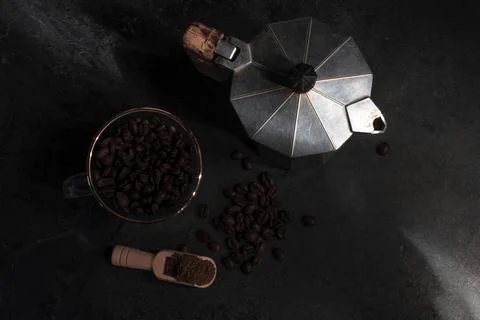 Coffee bean texture on stone background copy space. Stock Photos