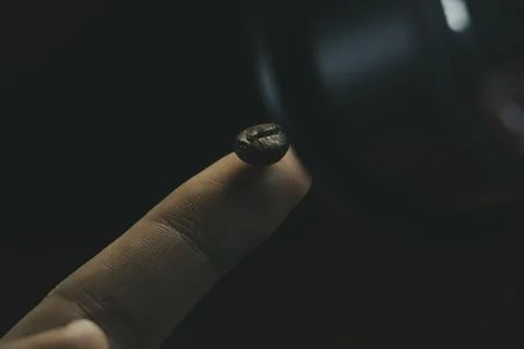 Coffee bean on the tip of the finger getting cought on the lens Stock Photos