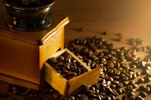 Coffee bean in the tray of grinder on table and morning light. Stock Photos
