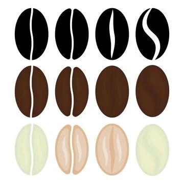 Coffee bean vector icon set. Roasted, raw, and black silhouette icons Stock Illustration