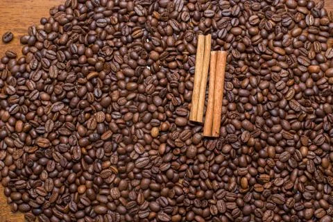 Coffee beans and cinnamon Stock Photos