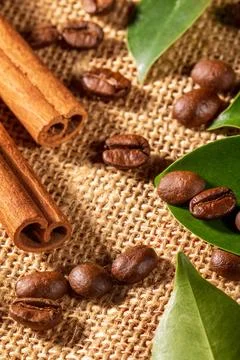 Coffee beans and fragrant cinnamon sticks on a rustic textured napkin Stock Photos