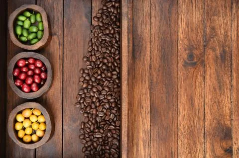Coffee beans and fresh berries beans Stock Photos