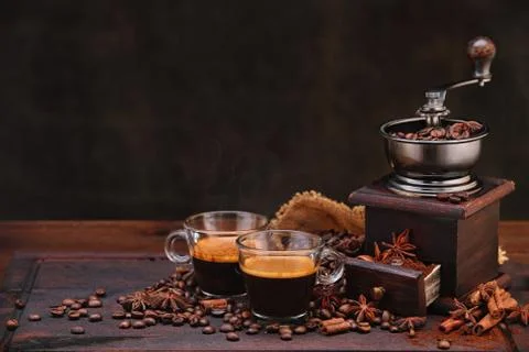 Coffee beans and grinder. Stock Photos