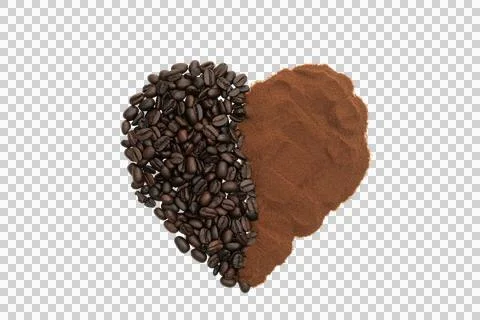 Coffee beans and ground coffee forming a heart, symbolizing love for coffee Stock Photos