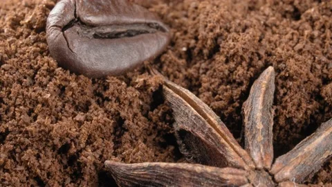 Coffee beans and ground, spice badyan close-up. Extreme macro. 스톡 동영상 141339447