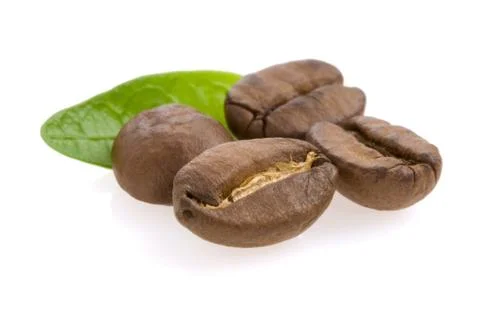 Coffee beans and leaf isolated on white Stock Photos