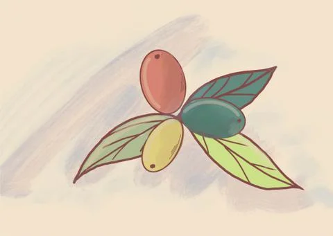 Coffee beans and leaves. Flat icon in gentle colors. Stock Illustration
