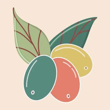 Coffee beans and leaves. Flat icon in gentle colors. Stock Illustration