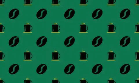 Coffee beans and mugs pattern in green background Stock Illustration