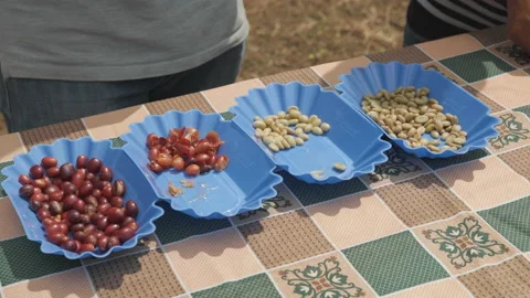 Coffee beans and parchement on table Stock Footage 157408136
