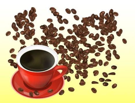 Coffee Beans and Red Cofee Cup Isolated in White Background. Stock Illustration